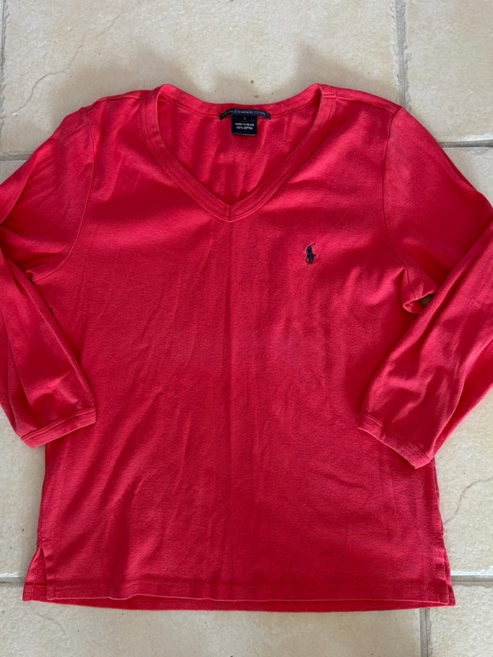 Ralph Lauren Women’s Pink V-Neck 3/4 Sleeve Shirt with Navy Pony